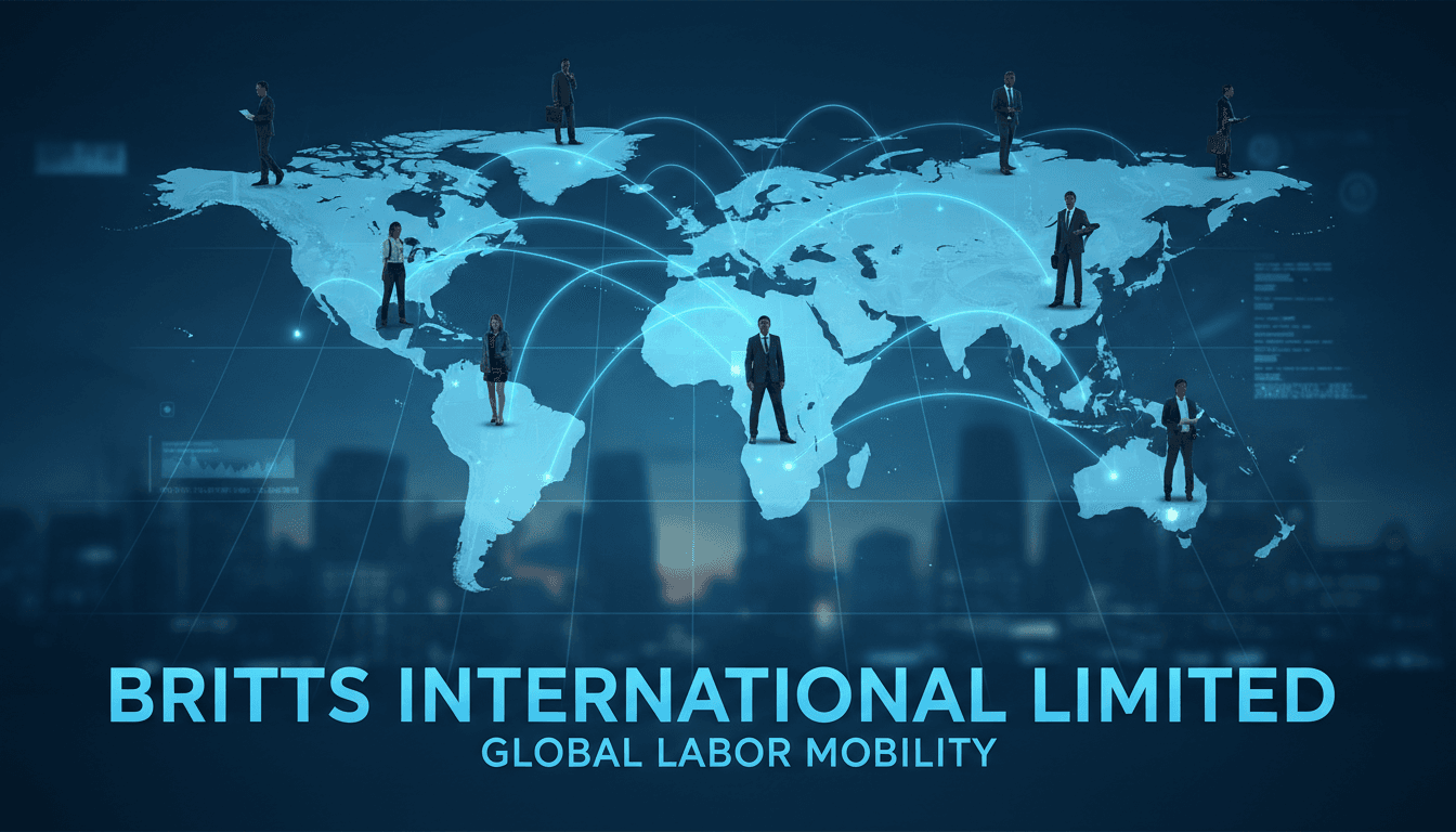 World map with connected lines and diverse professional silhouettes symbolizing global labor mobility