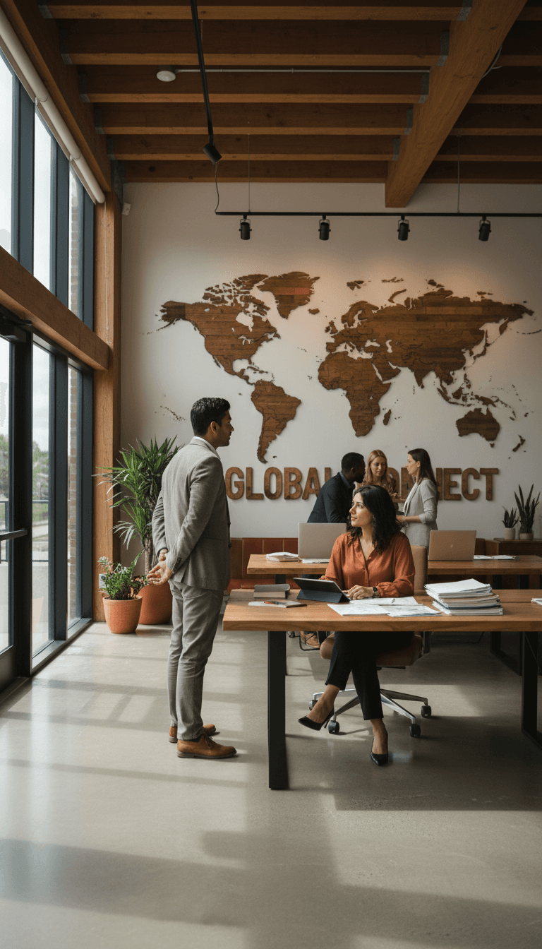 International employment professionals collaborating in Dhaka office with world map