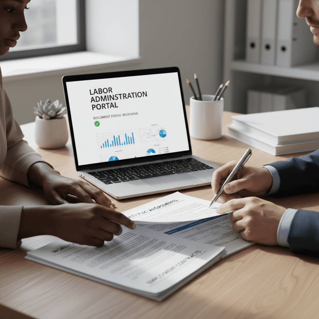 Two professionals reviewing employment documentation together at a desk with laptop and natural lighting