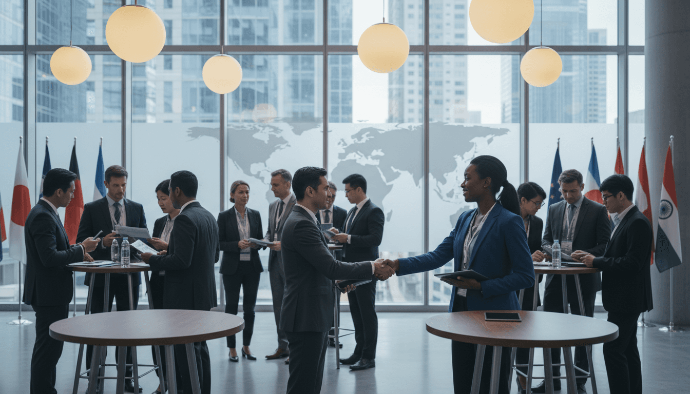 Global labor mobility symbolized by professionals and international travel documents