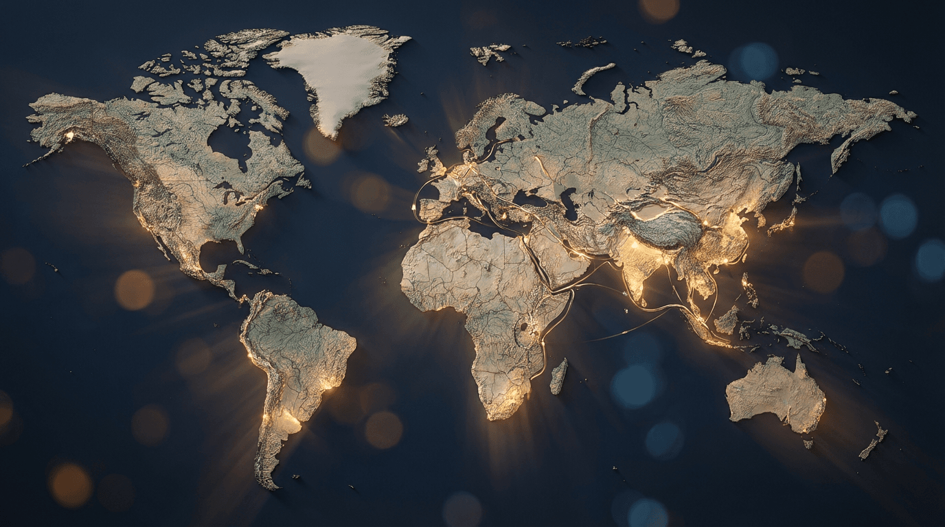 Overhead world map with glowing emerging market regions and golden light rays across topographic features.
