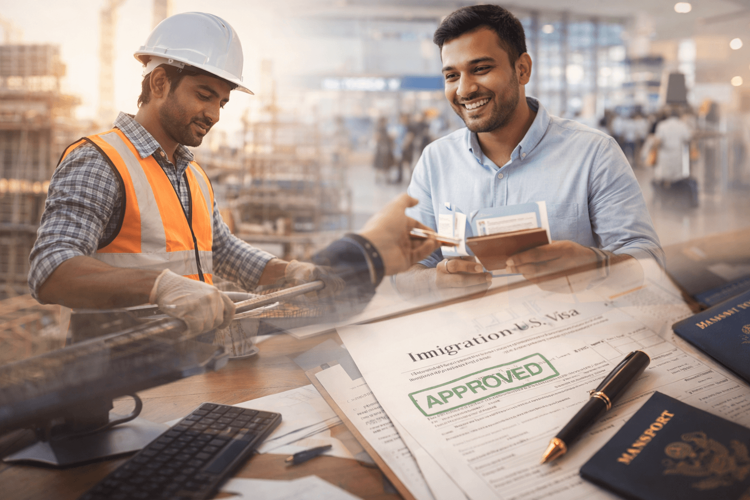 Construction worker and smiling man with an approved U.S. visa document and blue passport.