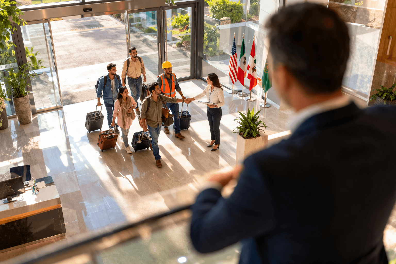 Diverse travelers with luggage enter a bright lobby, shaking hands with a welcoming professional woman.